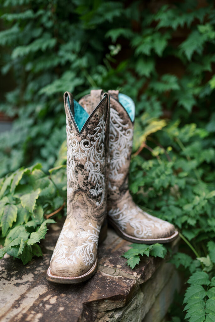Detail shot of bridal cowboy boots before a Cades Cove TN wedding